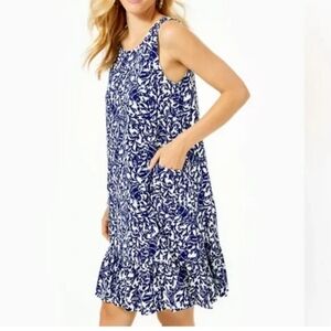 EUC Lilly Pulitzer Kristen Flounce Dress in Oyster Bay Navy Krillin It